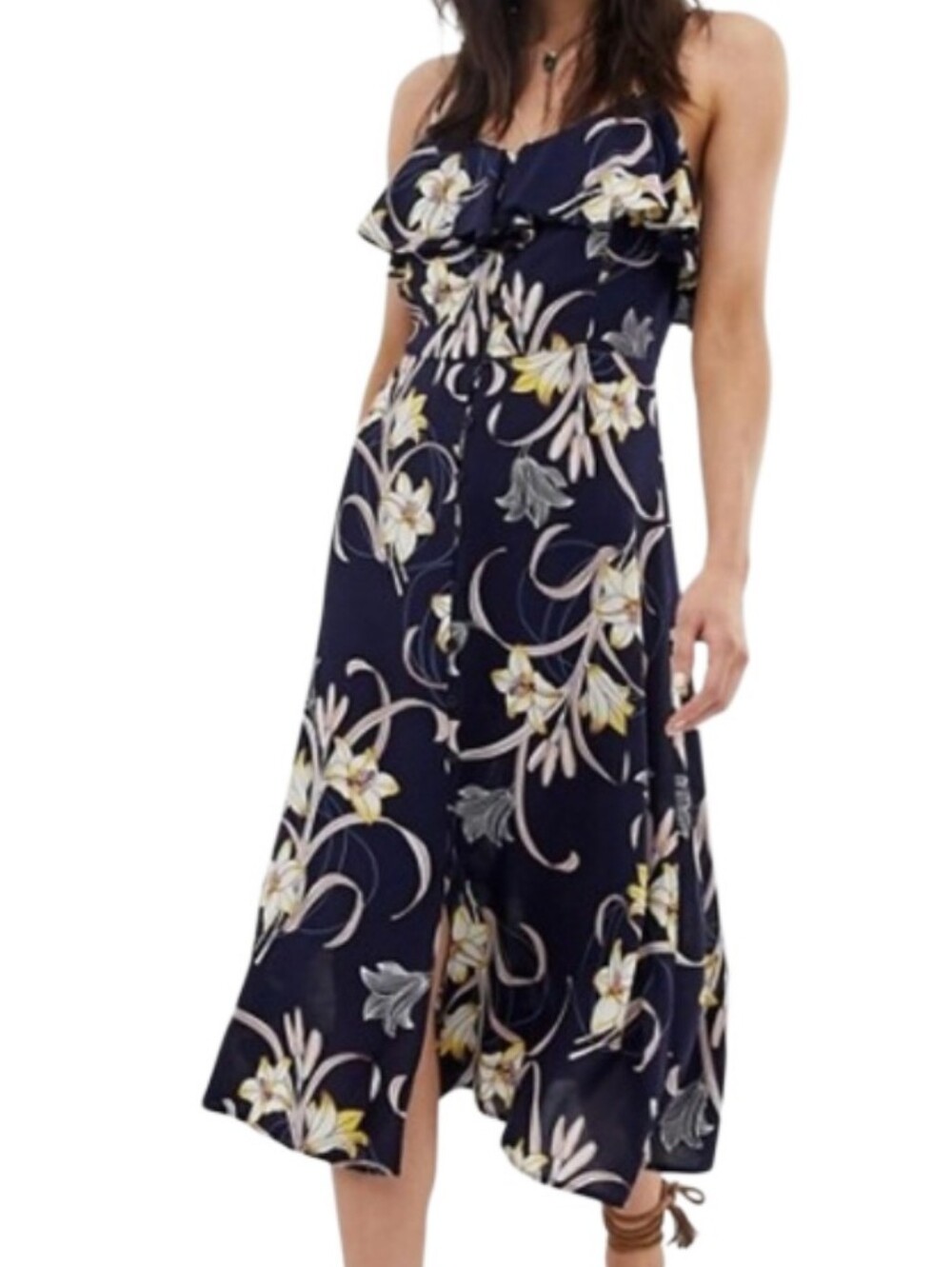 Band of Gypsies Boho Floral Ruffle Button Front Midi Sundress Size medium